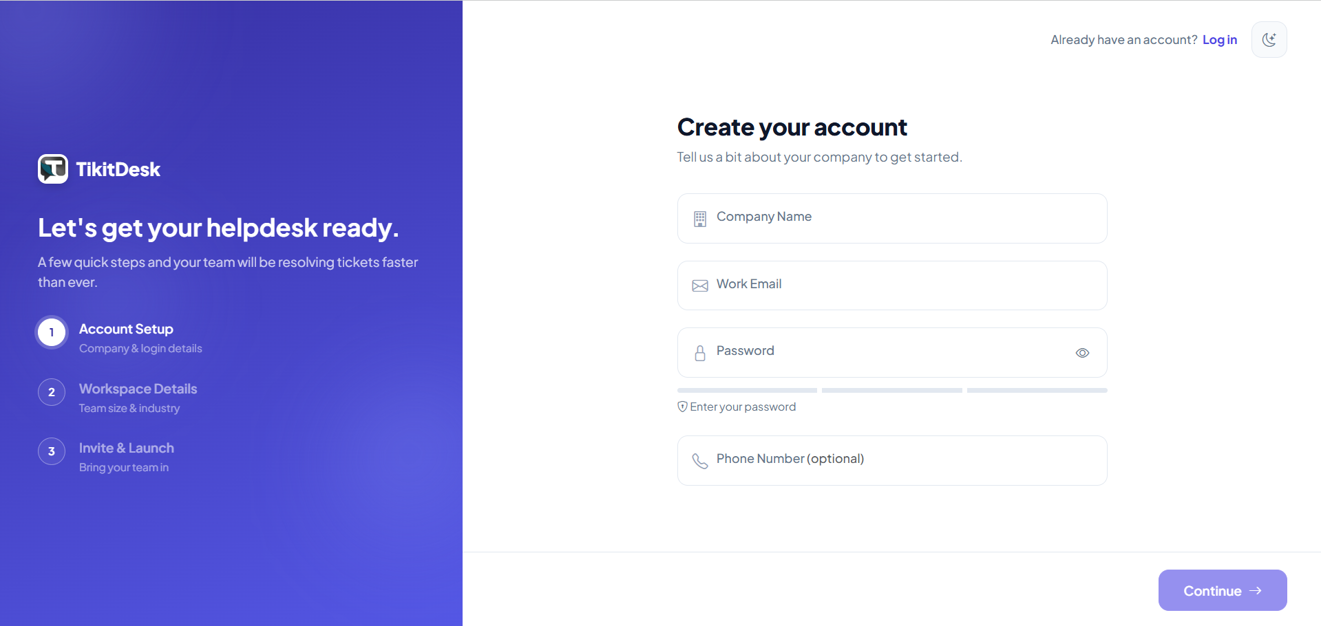 Sign up screen with email, password, and company name fields