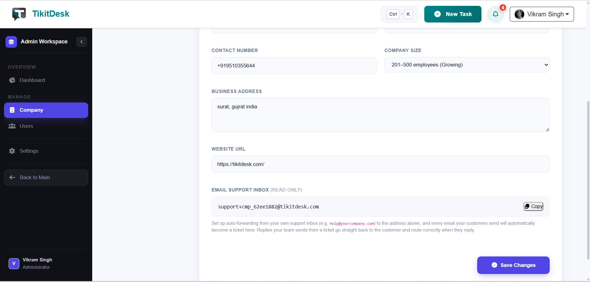 Company Settings showing the Email Support Inbox address