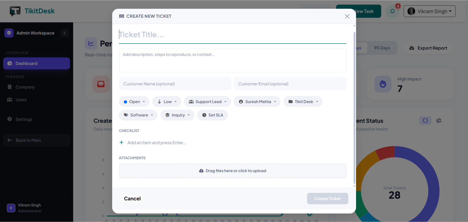 New Ticket modal with title, description, status, priority, and department fields