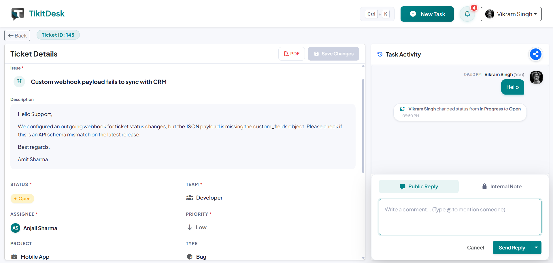 Ticket detail page showing reply box and internal note toggle